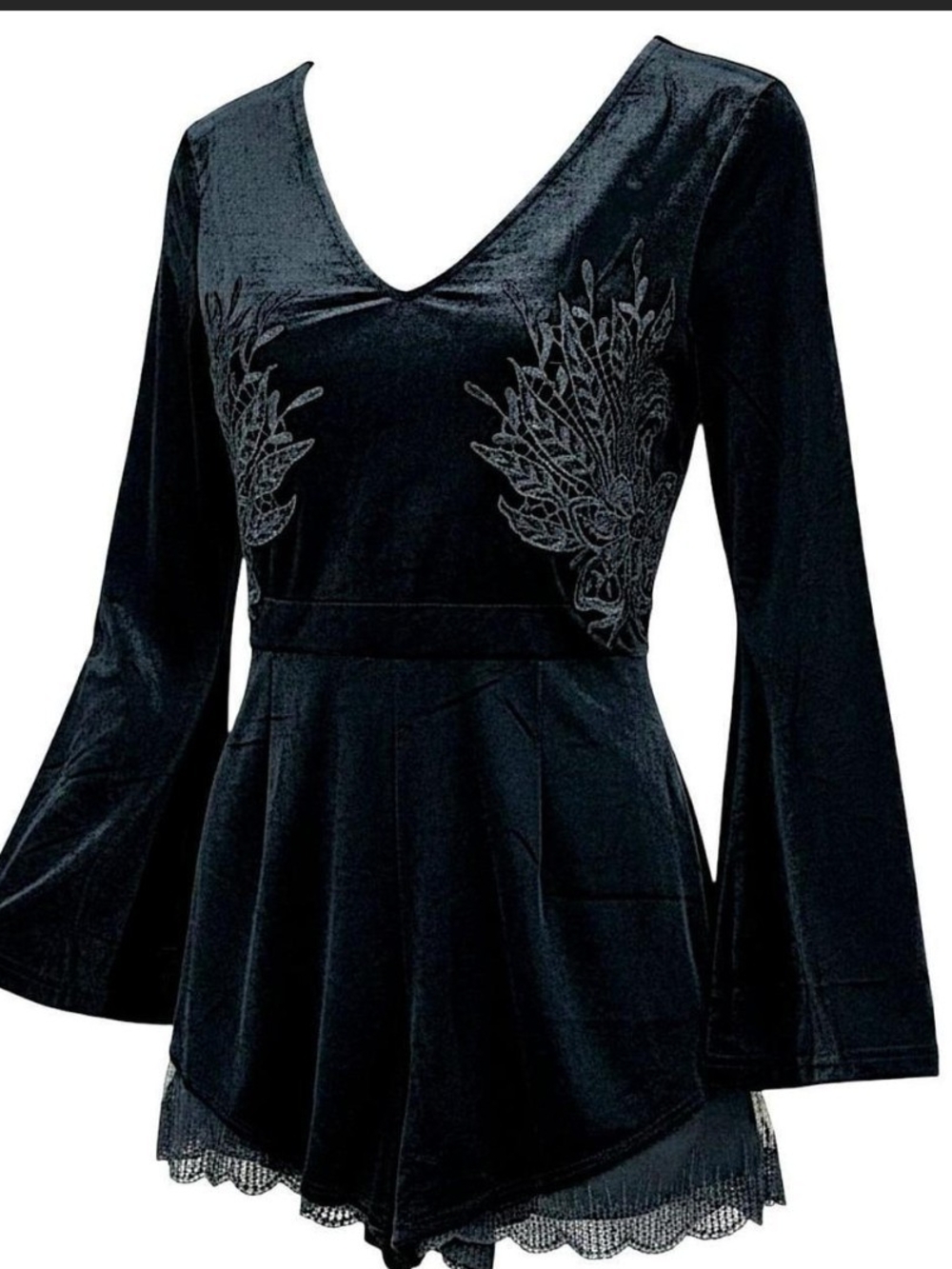 ViVI Black Velvet V-Neck Long-Sleeve Romper with Lace Trim